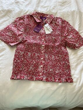J.Crew Red and White Floral Button-Up Smocked Top
